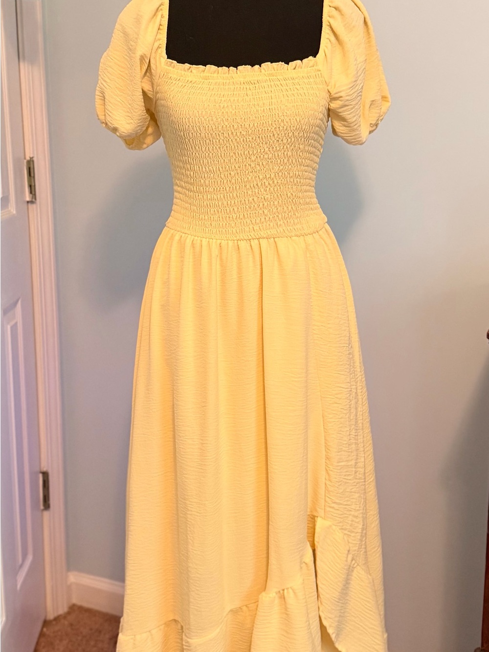 Streetwear Society Yellow Smocked Midi Dress with Puff Sleeves